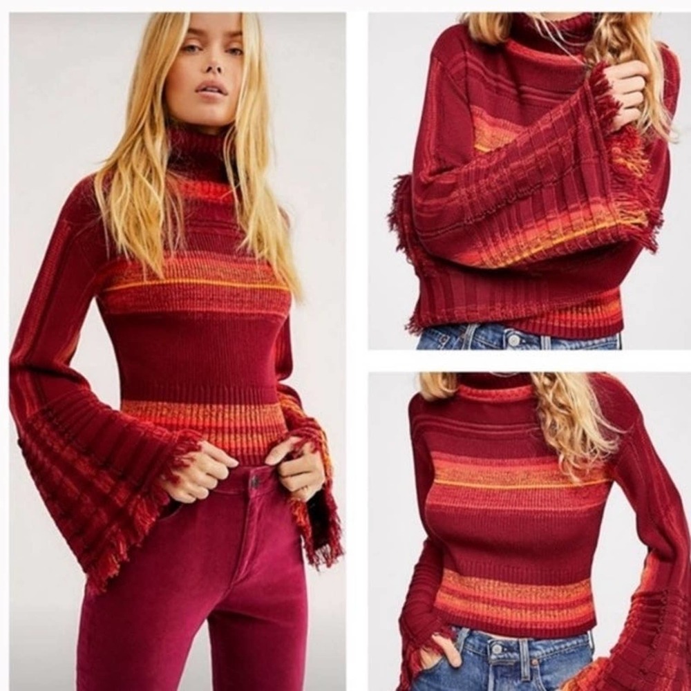 Free People Burgundy & Orange Striped Fringe Bell Sleeve Turtleneck Sweater